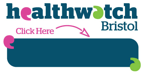 Healthwatch Bristol logo. Pink texts and a pink arrow directs to white text on a blue background which reads: 'Share Your Views'