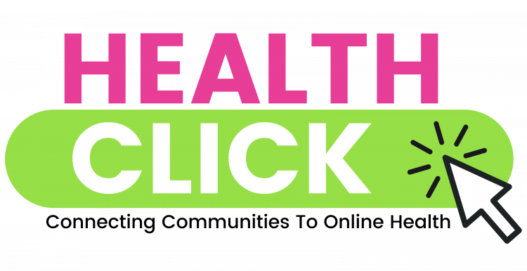 Health Click written in the Healthwatch shades of pink and green. A computer mouse icon is shown to be clicking in the corner.