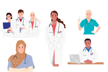 Colourful graphics of a variety of healthcare professionals.