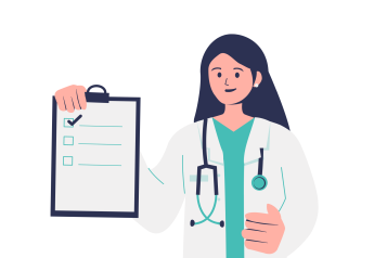 Illustration of a doctor wearing a stethoscope, holding a clipboard with a checklist on it.